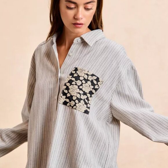 BiBi Flower Jacquard Knit Patch Pocket Stripe Shirt - Picture 4 of 16